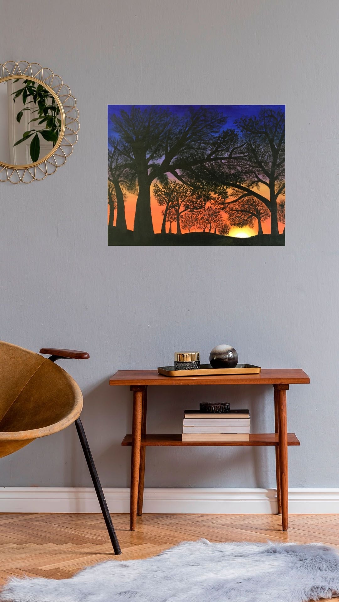 Fiery Sunset. Canvas Print, Red Sunset Forest Portland Oregon Painting