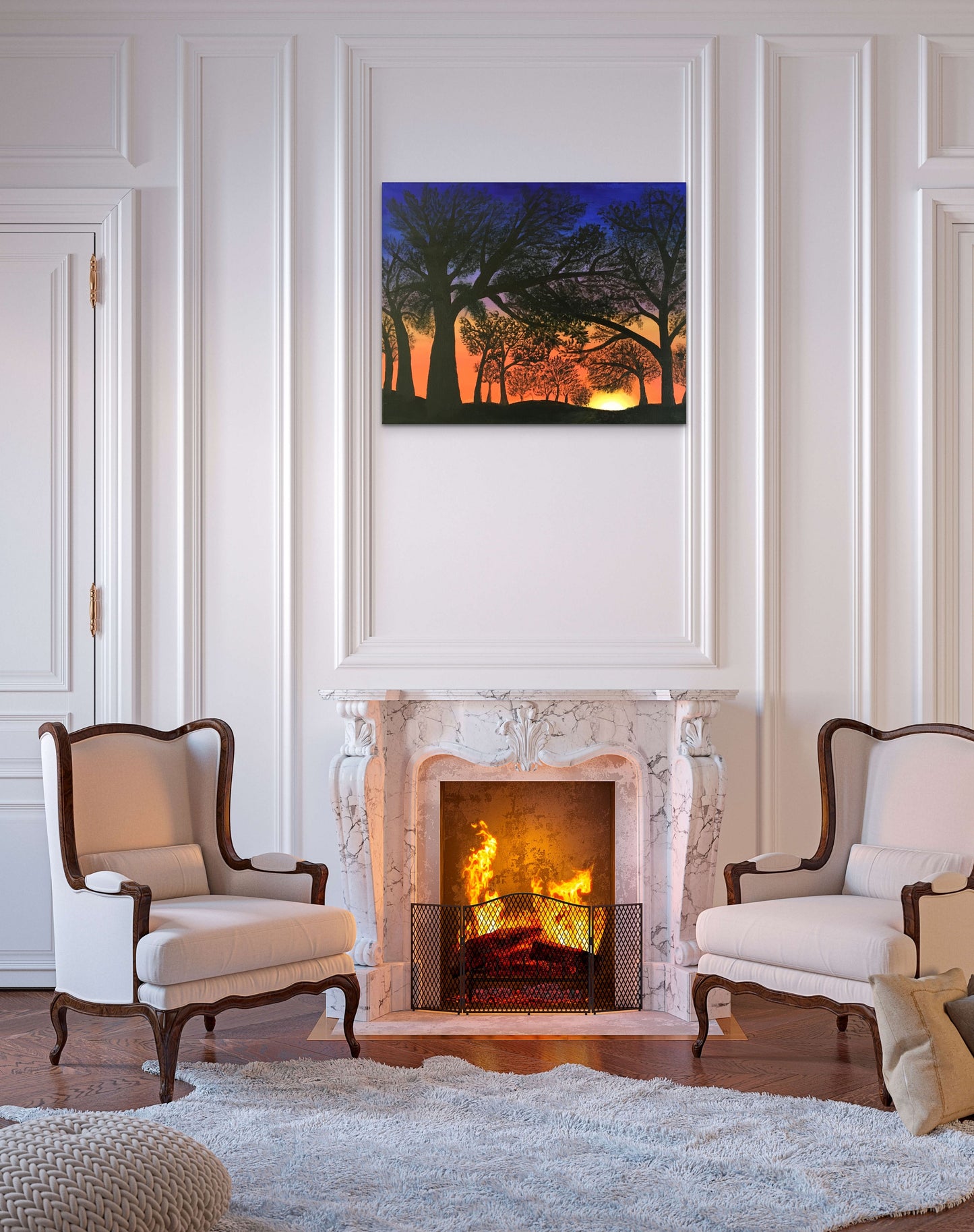 Fiery Sunset. Canvas Print, Red Sunset Forest Portland Oregon Painting
