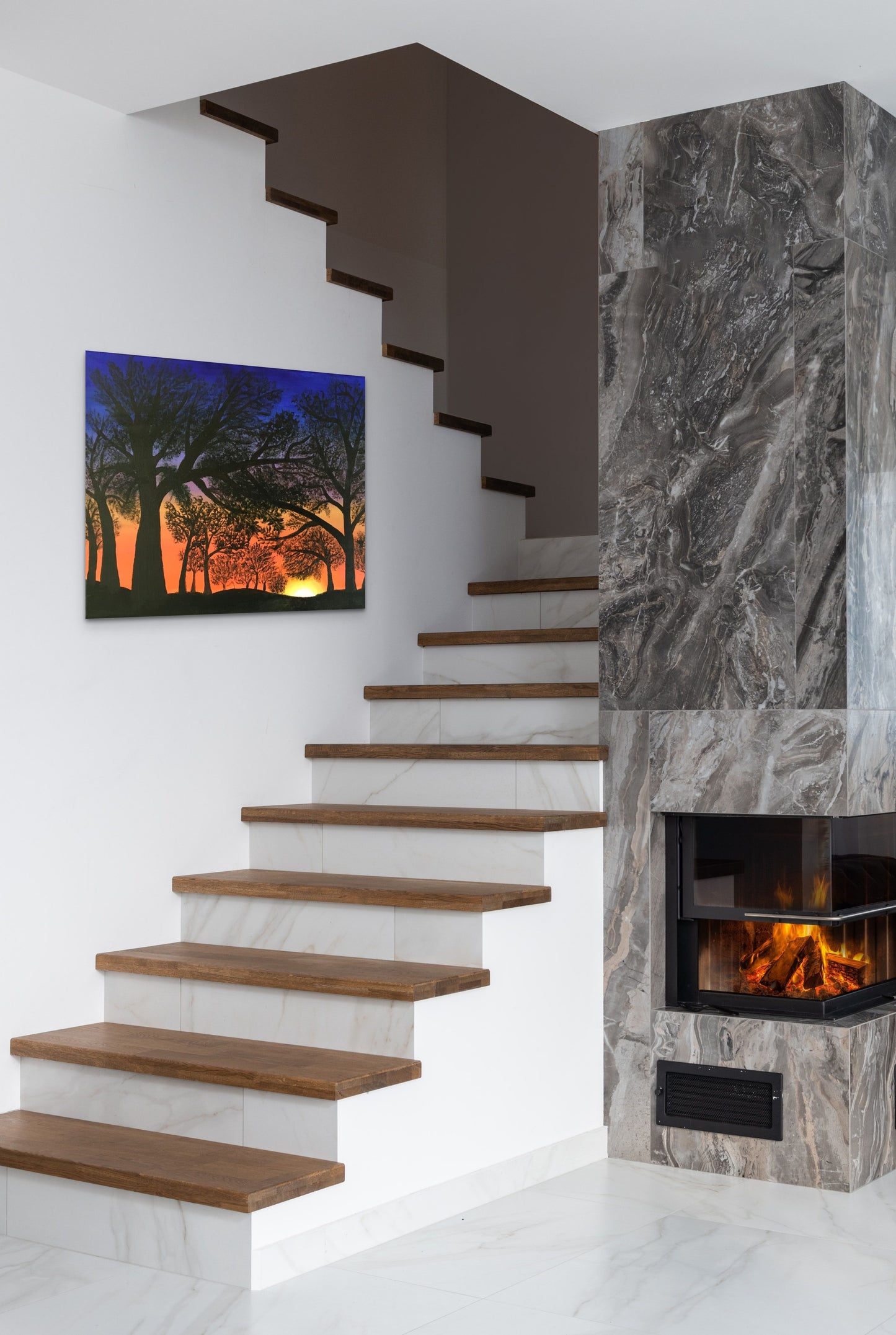 Fiery Sunset. Canvas Print, Red Sunset Forest Portland Oregon Painting