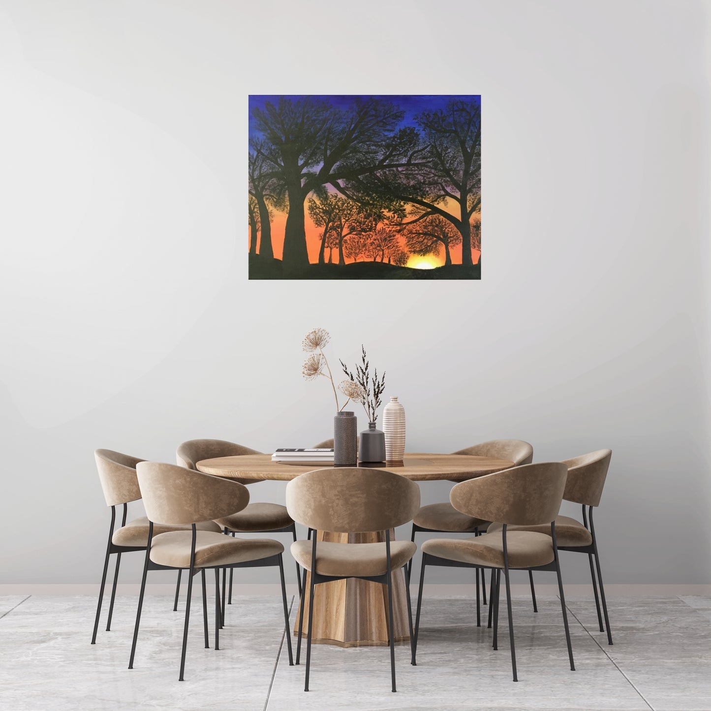 Fiery Sunset. Canvas Print, Red Sunset Forest Portland Oregon Painting