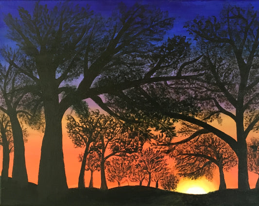 Fiery Sunset.       Canvas Print,  Red Sunset Forest Portland Oregon Painting