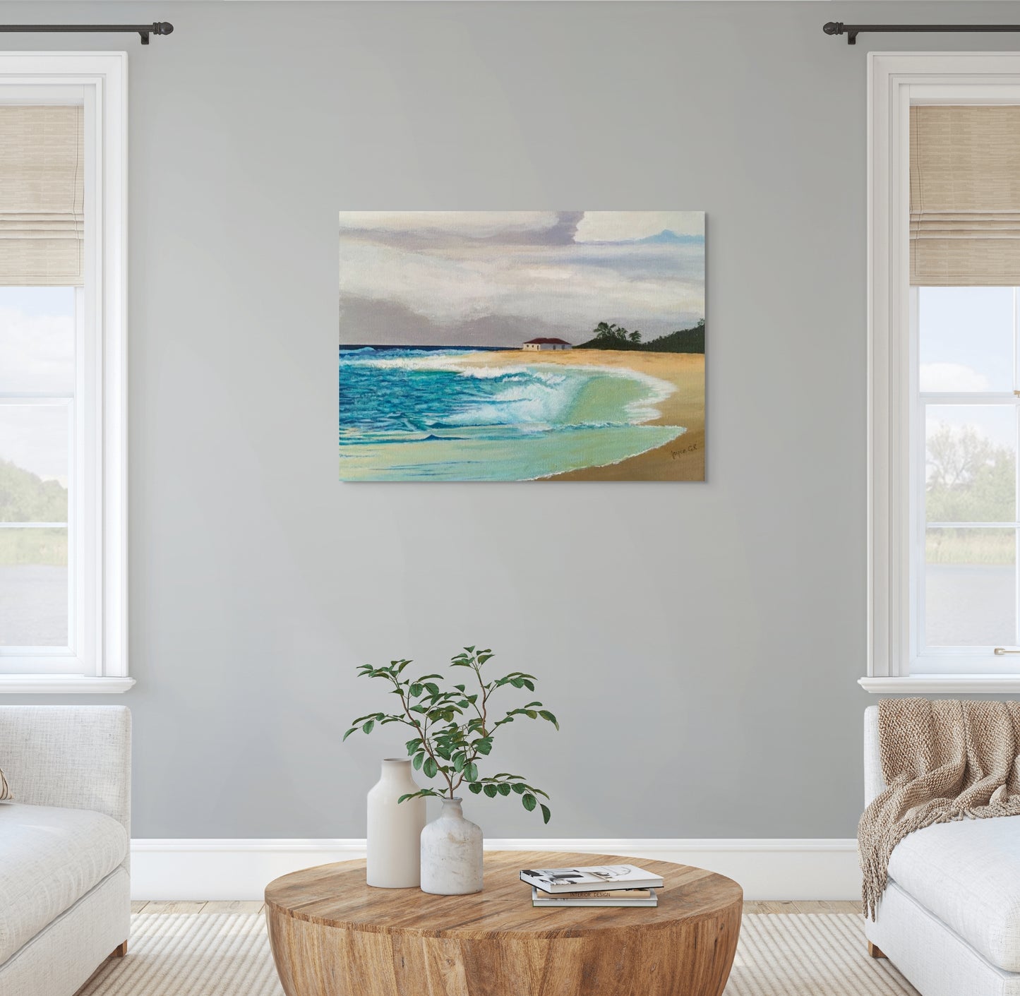 Stormy Shores.   Canvas Wall Art - Tropical Beach House in Stormy Weather